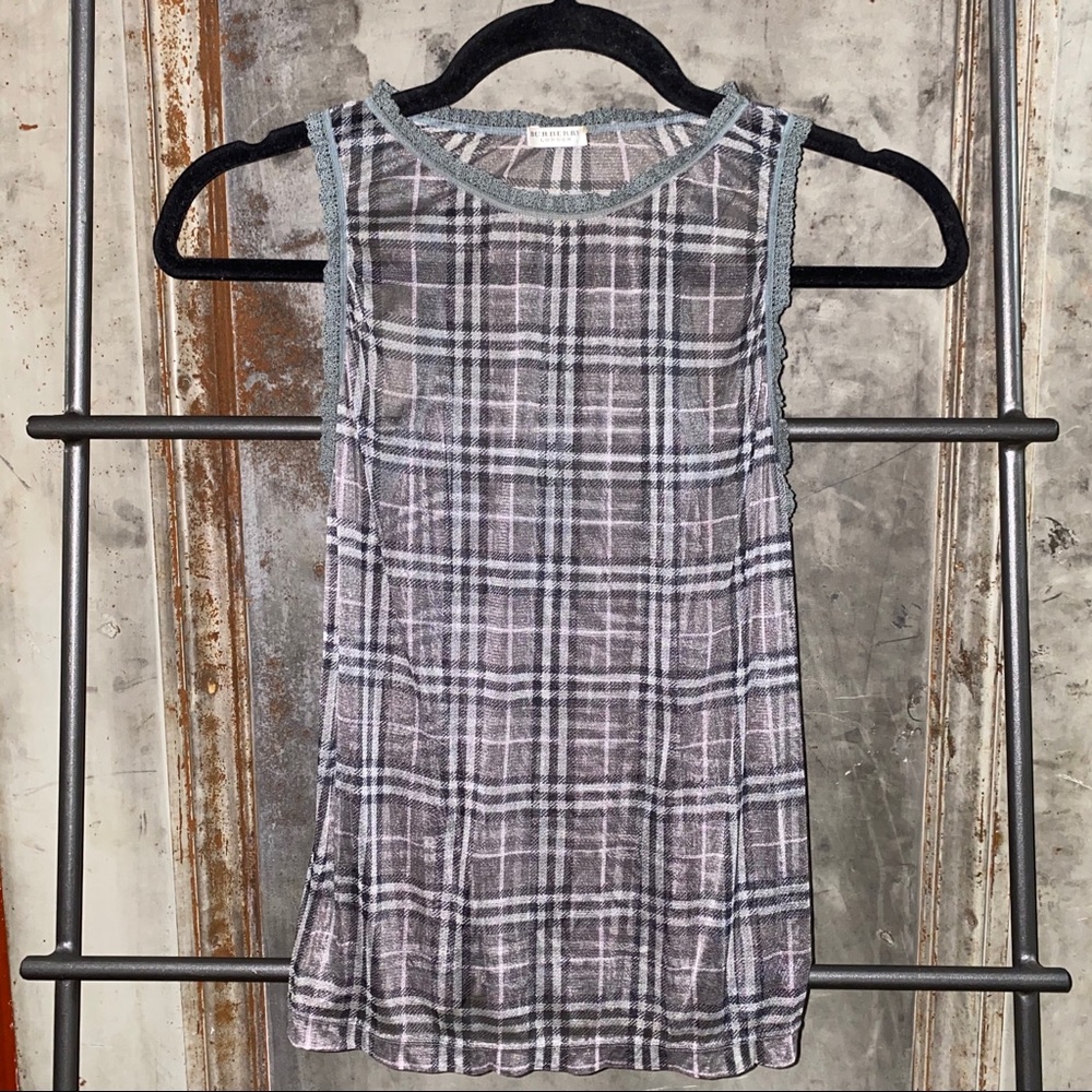 Burberry Sheer Grey Green Plaid Tank Top Shirt